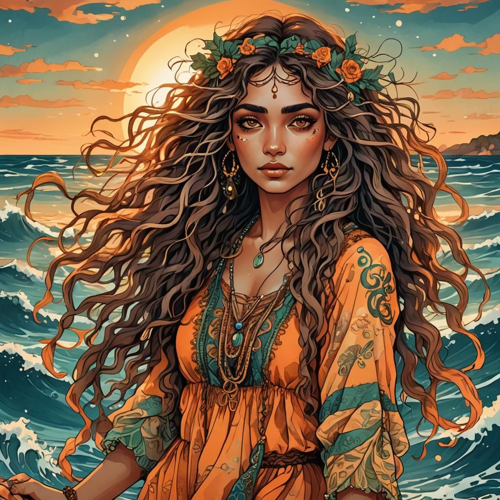 Boho Gypsy Girl in a Magical Seascape, Ink Illustration