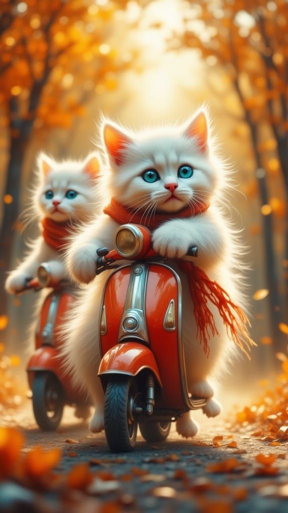 Fluffy Kittens Ride Vintage Scooters in Autumn Wonderland
