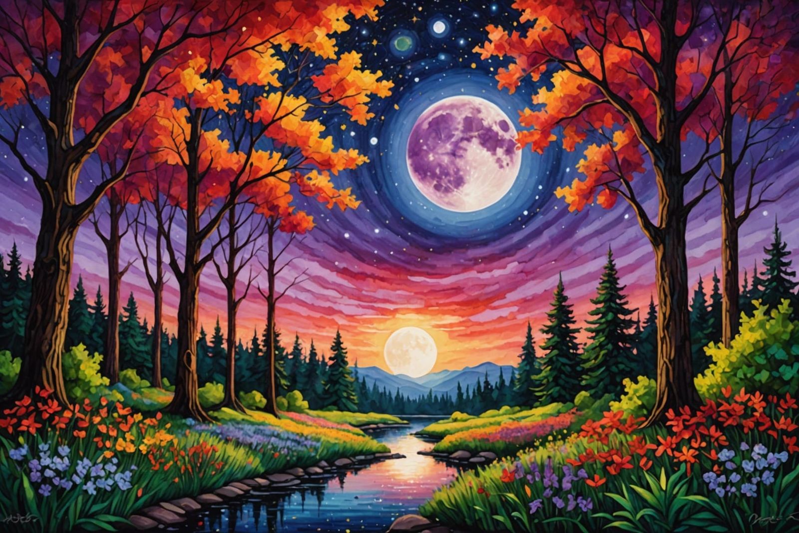 Vibrant Grove with Lush Foliage in Mixed Media