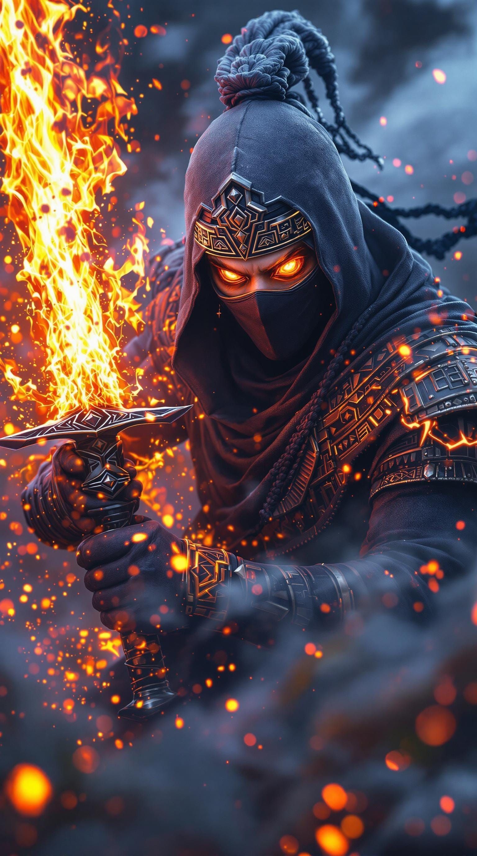 Mighty Ninja Warrior with Ethereal Tattoos and Vortex Eyes