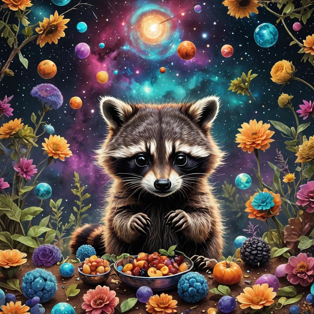 Baby Raccoon Eating: Holographic Astral Cosmic Illustration