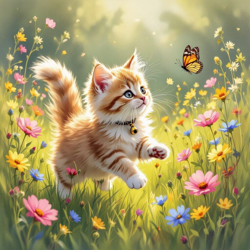 Playful Kitten in Wildflower Meadow, Watercolor Illustration