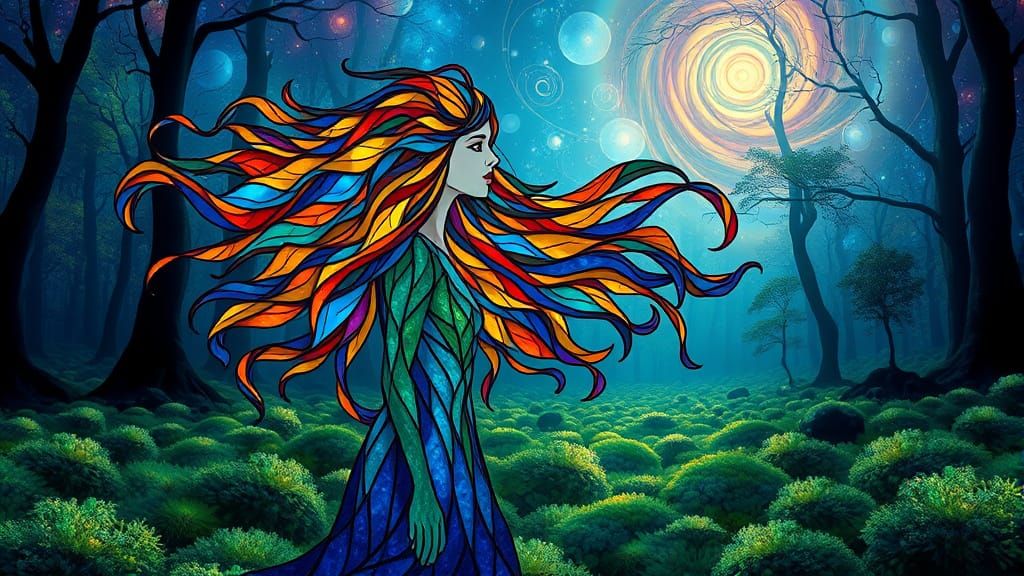 Stained Glass Woman in Bioluminescent Forest
