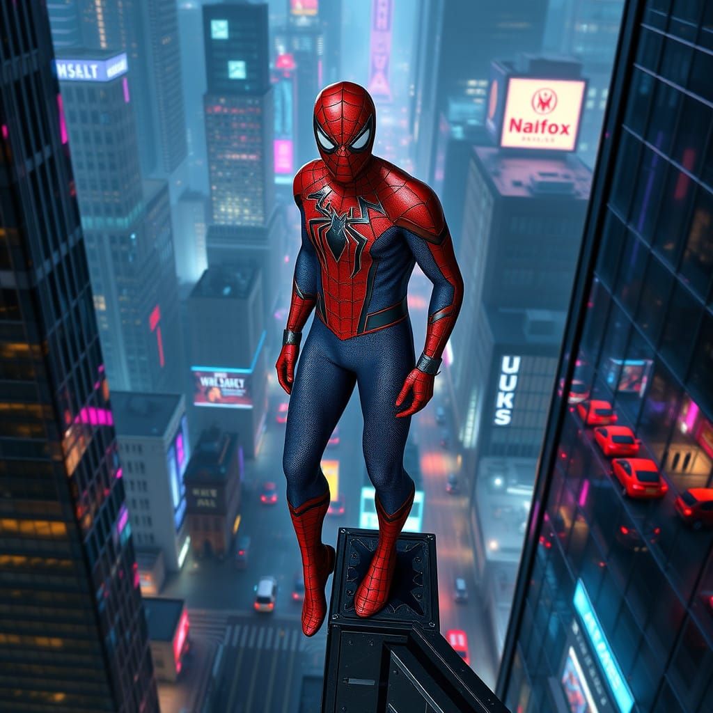 Spider-Man on a Neon-Lit Skyscraper in the Rain