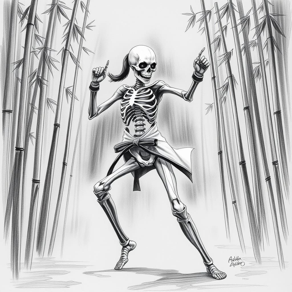 Skeleton Warrior Practicing Karate in Pencil Drawing Style