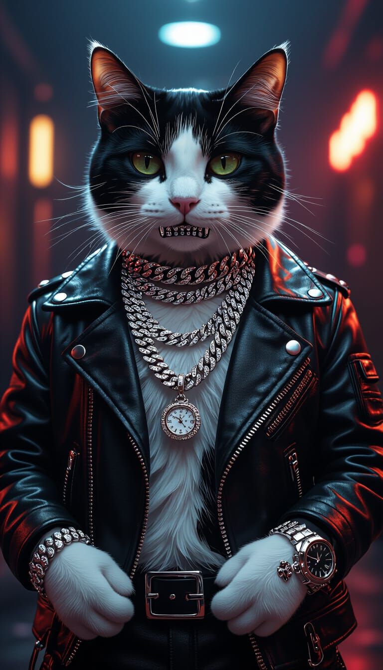 Cat with Iced Out Jewelry in a Dark Environment