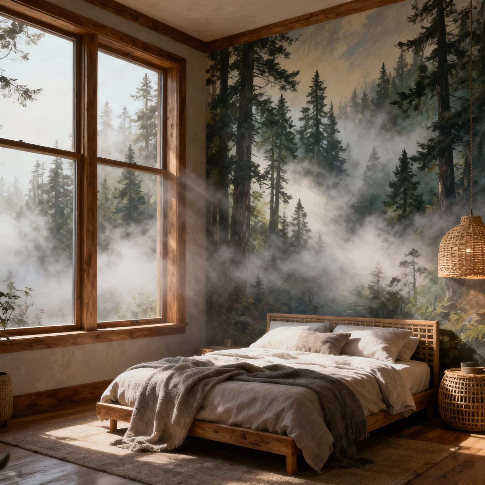 Cozy Modern Bedroom with Mystical Forest Mural