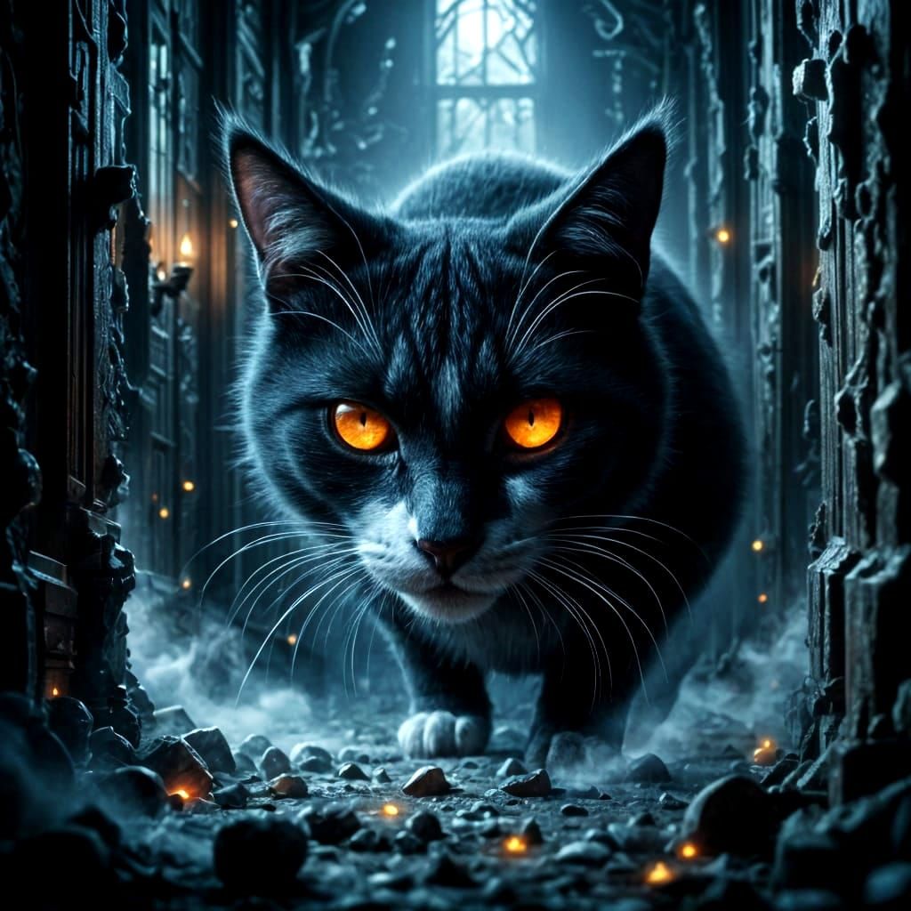 Terrified Tuxedo Cat in Macabre Haunted House