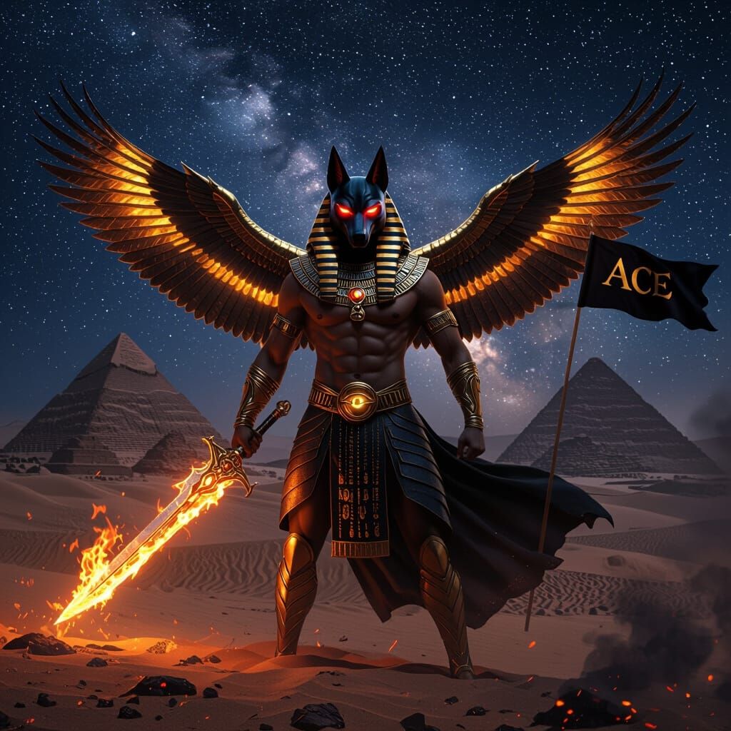 Egyptian Warrior God with Jackal Mask and Flaming Sword