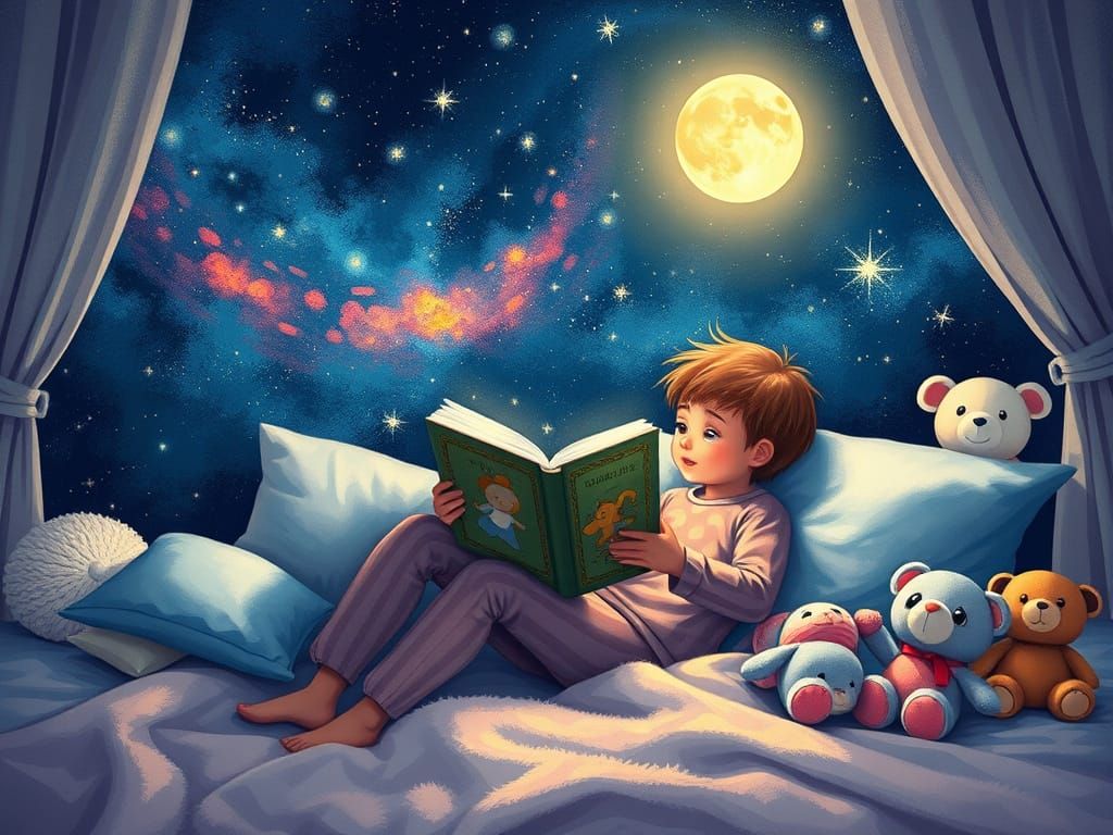 Mother Reads Bedtime Story Under Starry Nightlight in Whimsi...
