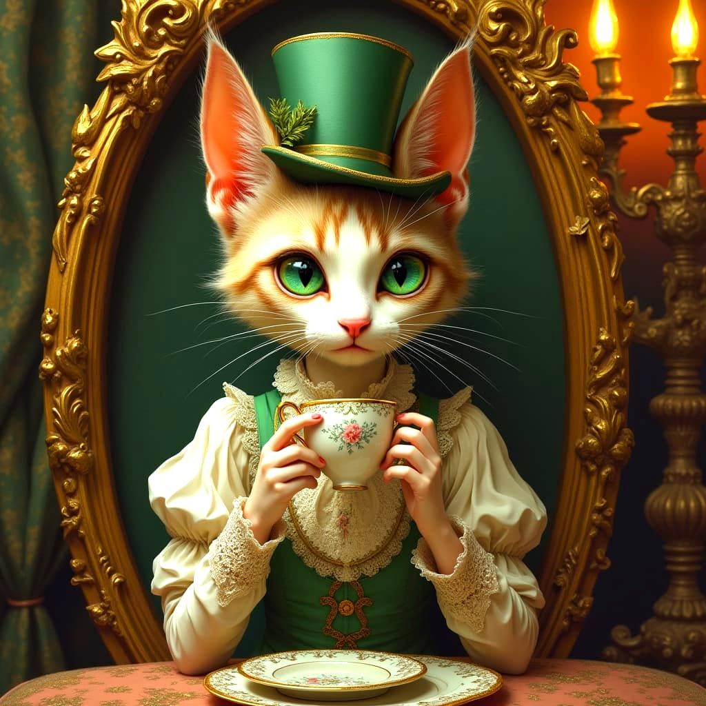 Victorian Whimsical Cat Sips Coffee in Artistic Portrait
