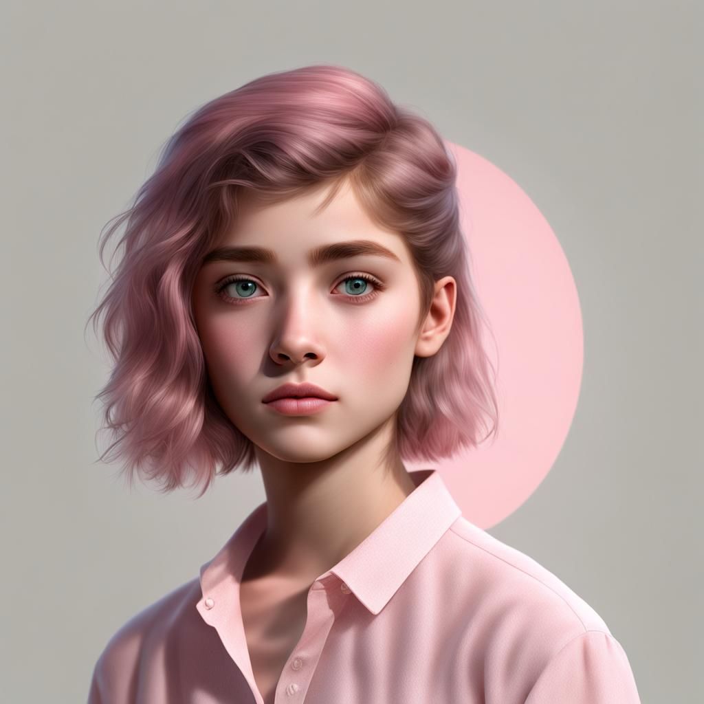 Teen Girl with Wolf Cut and Pink Blouse