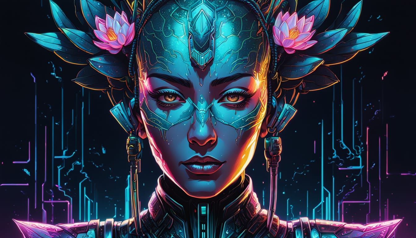Cyberpunk Lotus Flower Queen Portrait with Neon Accents and ...
