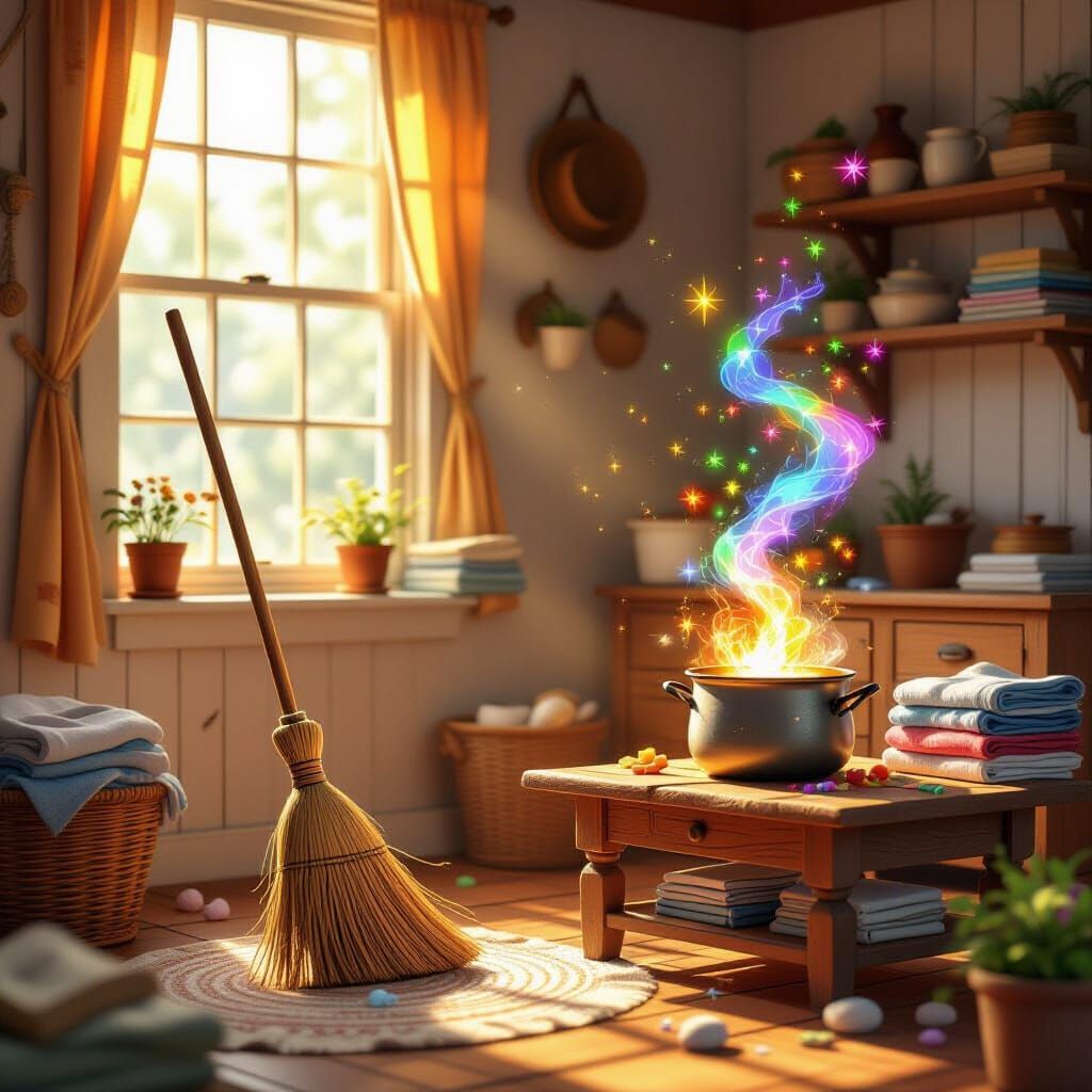 Magical Household Chores in Vibrant Digital Art
