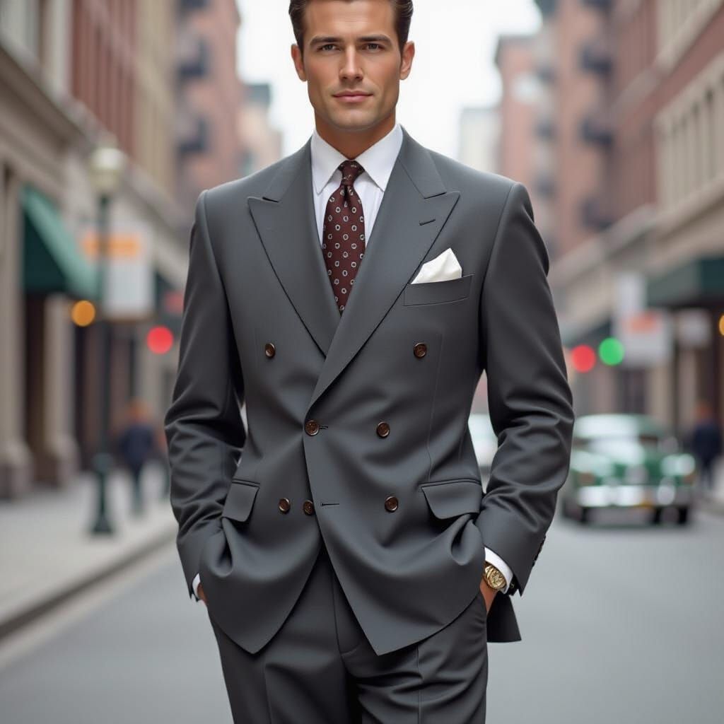 1950s Gentleman in Grey Wool Suit: Vintage Illustration