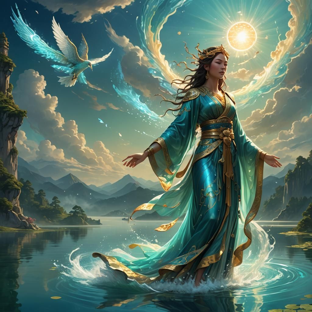 Ethereal Goddess Above Serene Lake: Fantasy Art