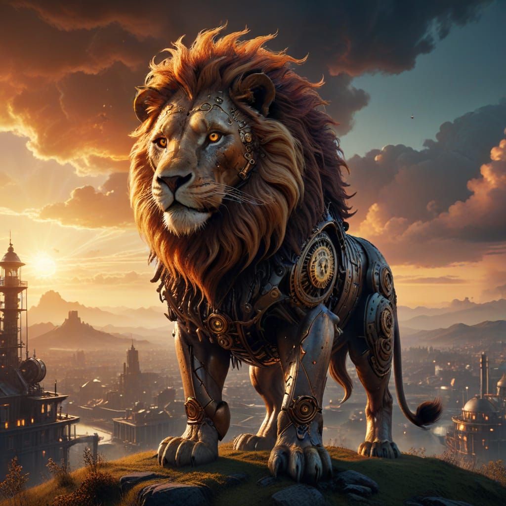 Majestic Lion with Clockwork Mane Overlooks Steampunk Citysc...