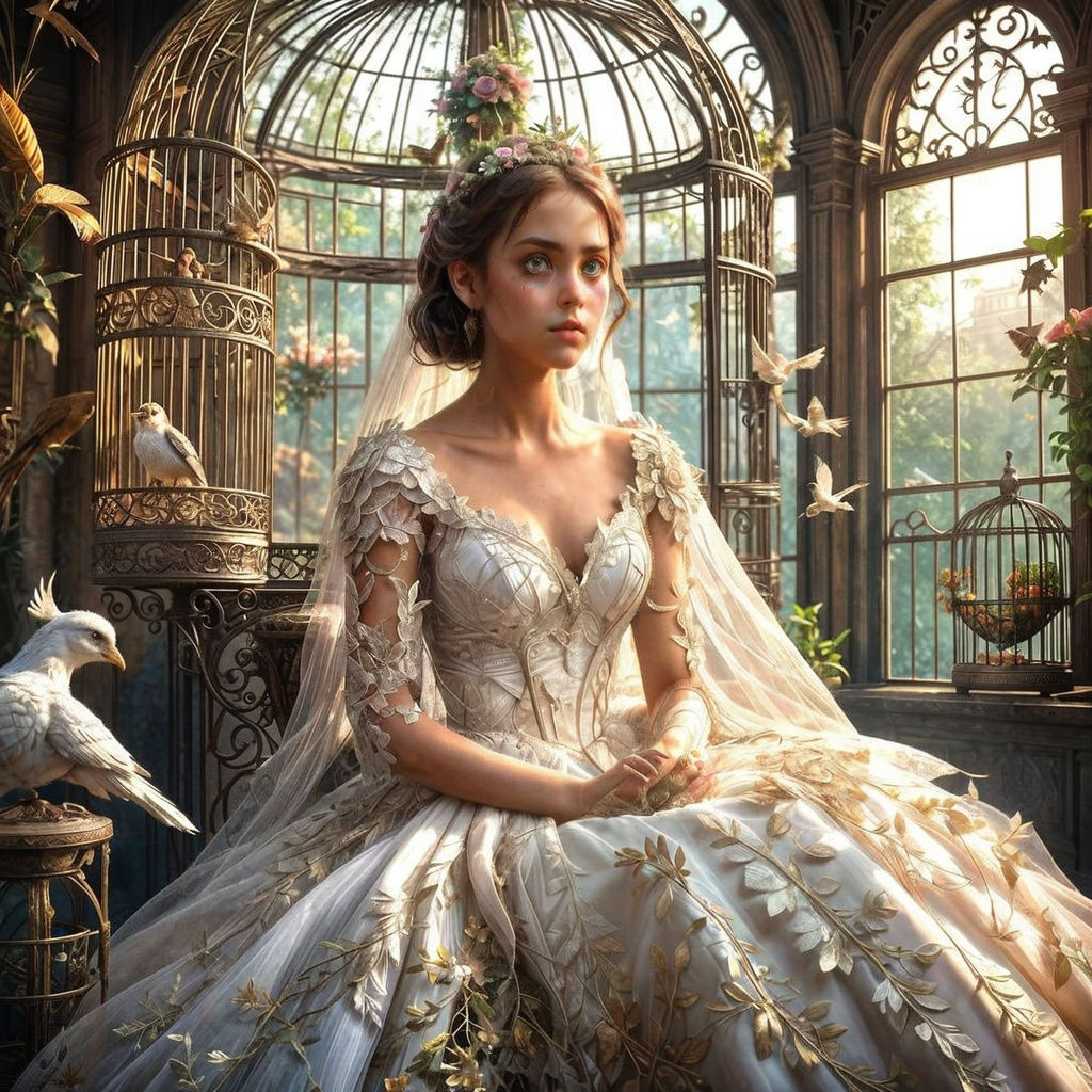 Young Bride in an Enchanted Aviary, Dreamy Fantasy Art
