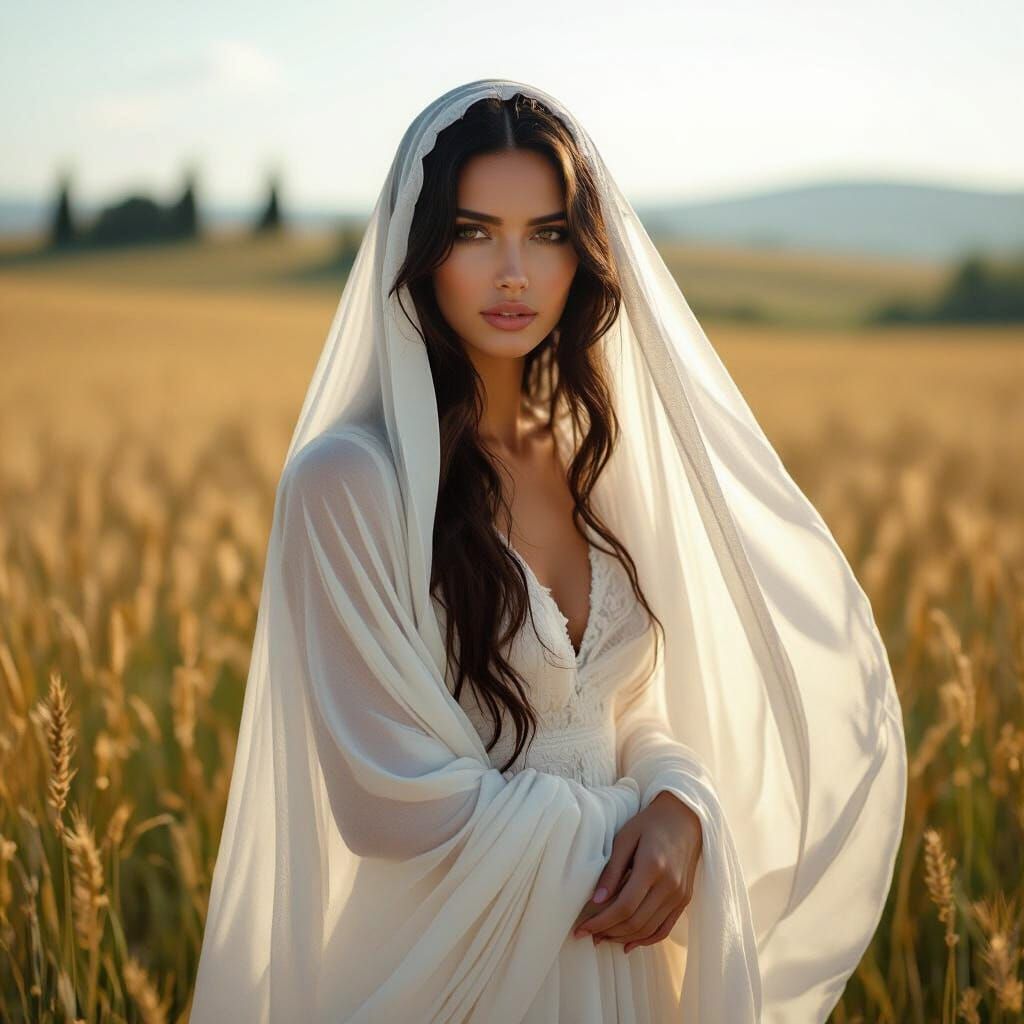 Melancholic Woman in Tuscan Field, Classic Film Style