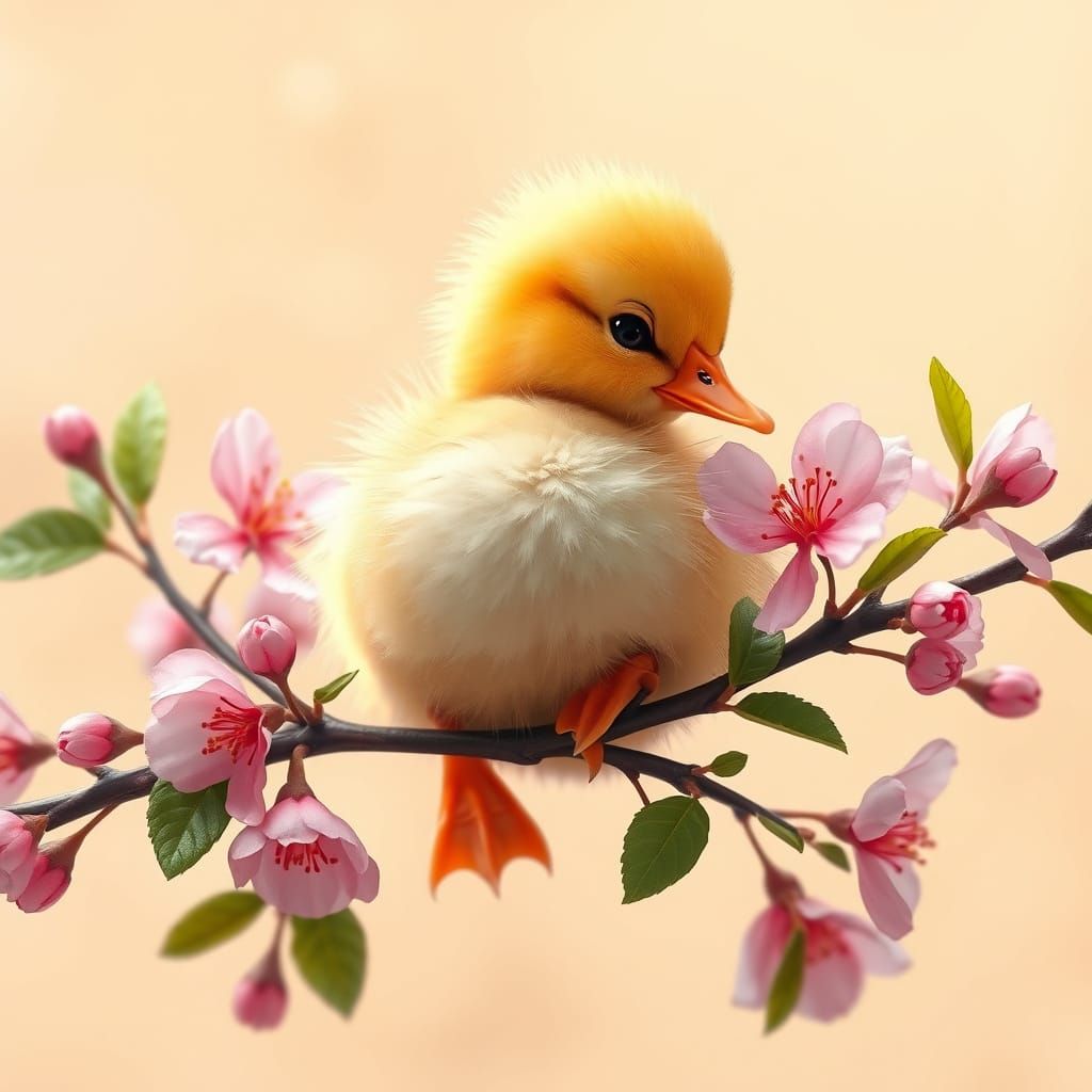 Whimsical Baby Duck in Cherry Blossom Paradise