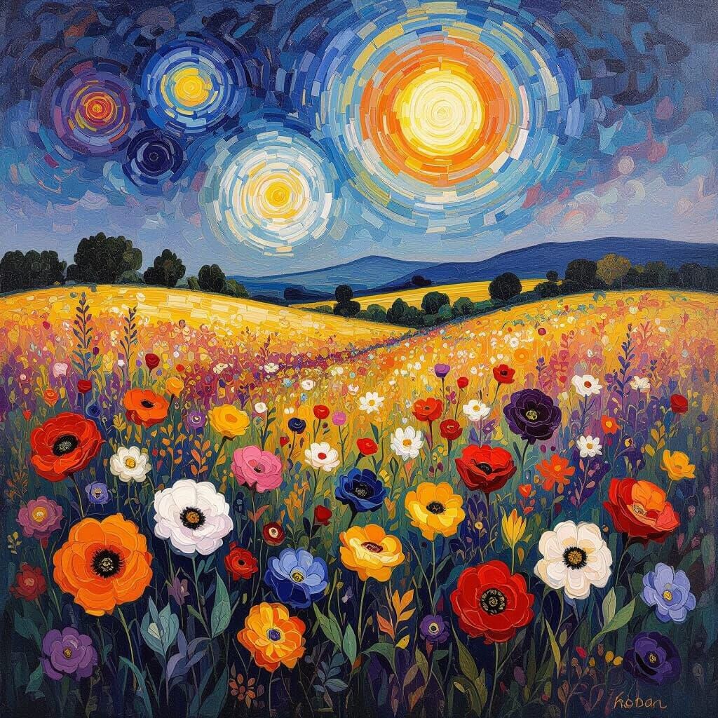 Vibrant Abstract Flower Field in Kandinsky Klimt Style