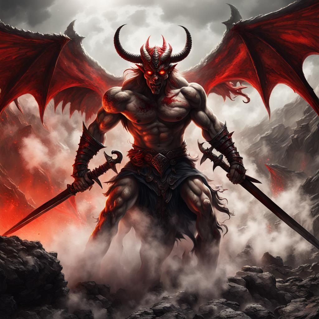 Fiery Demon Warrior Ascending from Apocalyptic Landscape