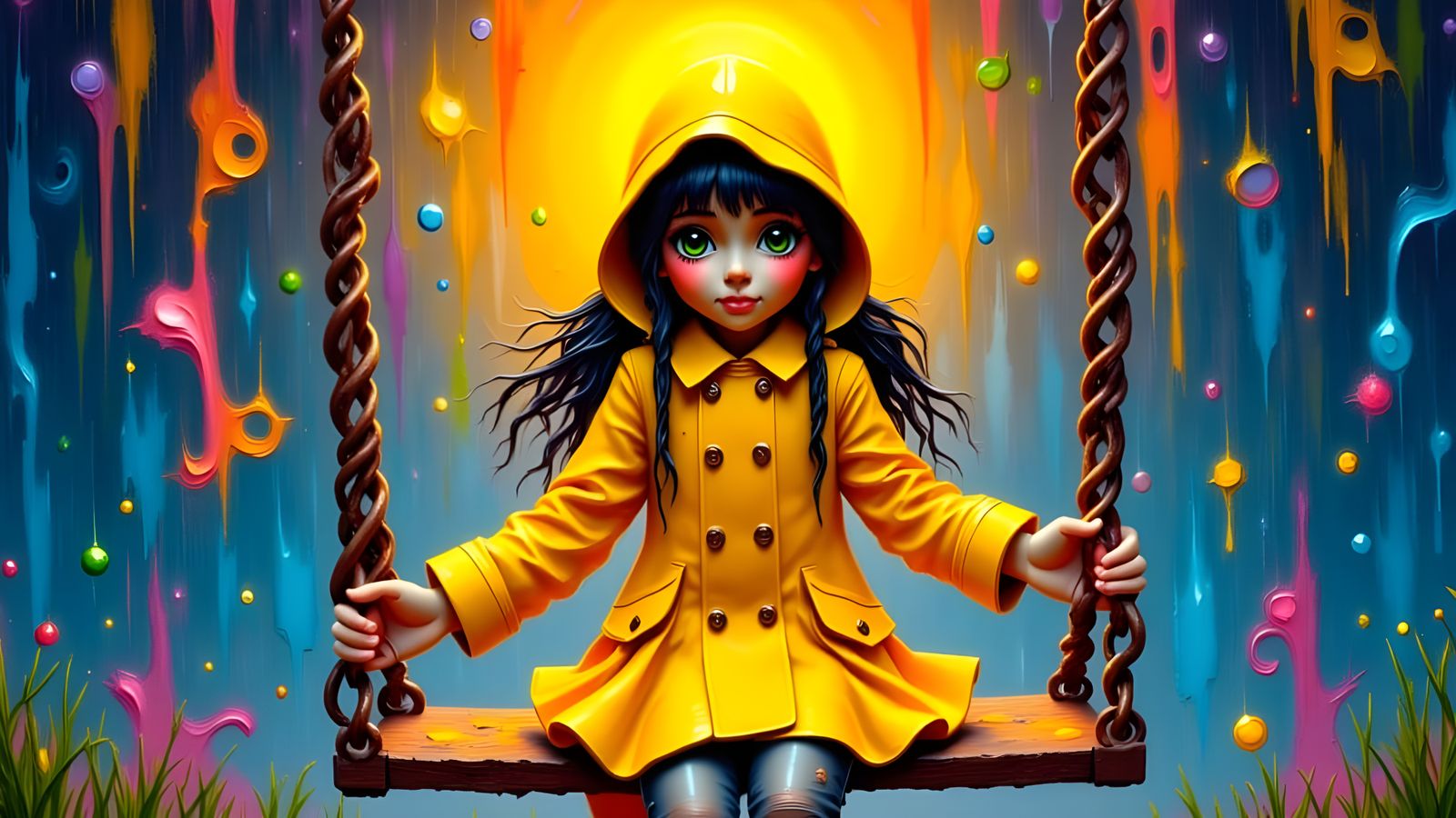Girl on Swing in Summer Rain: Pop Surrealism