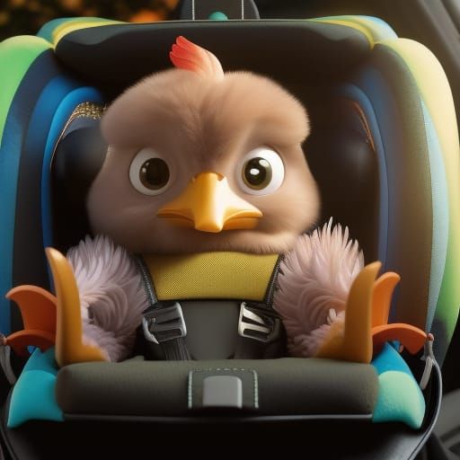 Adorable Baby Rooster in Car Seat, 3D Render