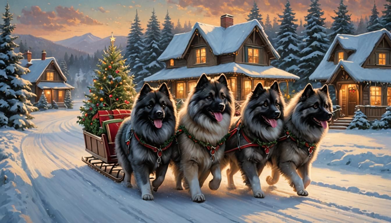 Keeshonds Pulling Christmas Sleigh, Kinkade Style