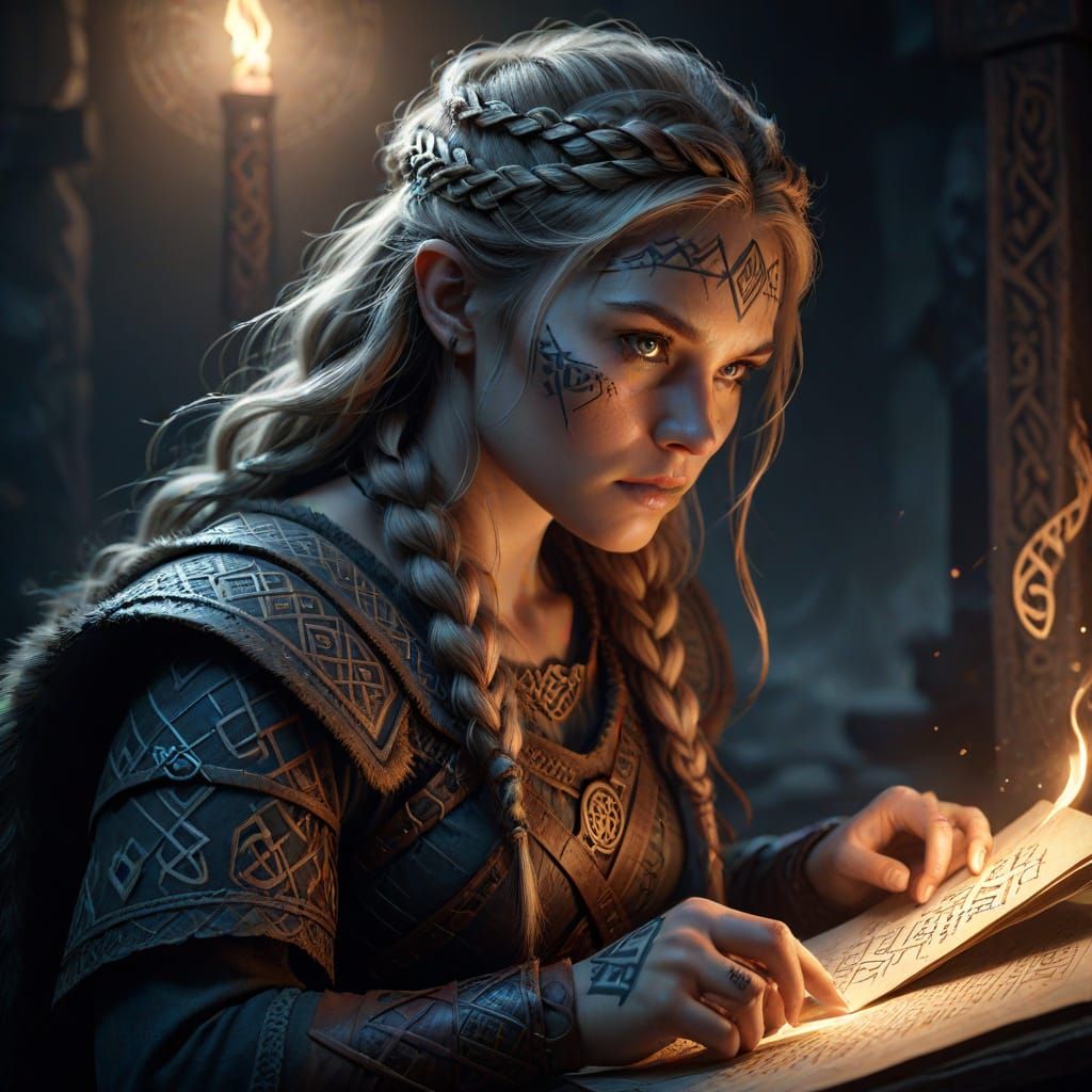 Viking Woman Studying Runes in Dramatic Torchlight