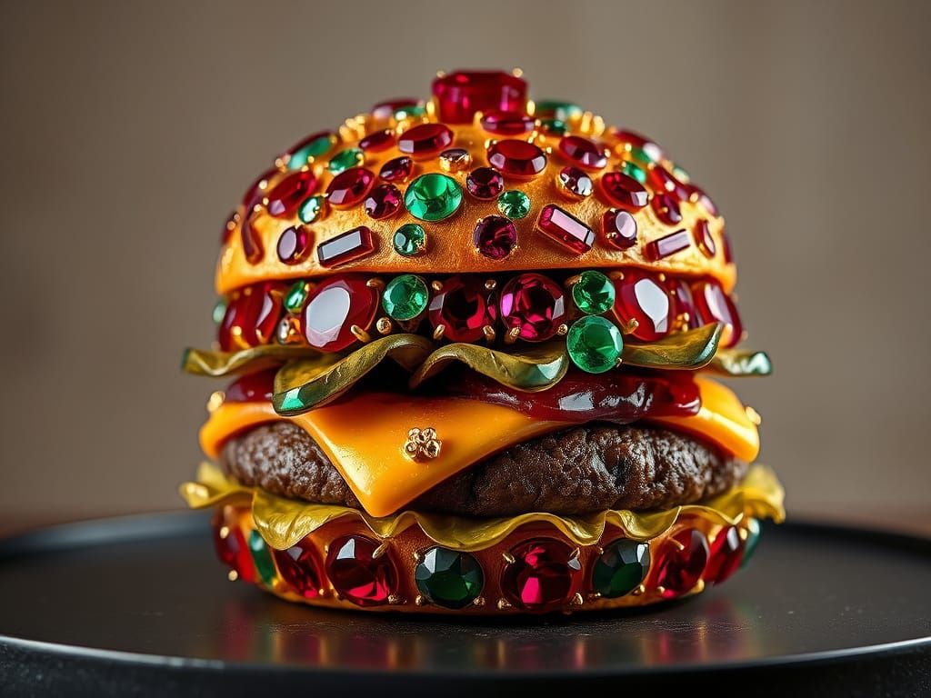 A luxurious jeweled burger art piece adorned with vibrant rubies and emeralds, featuring gold accents.