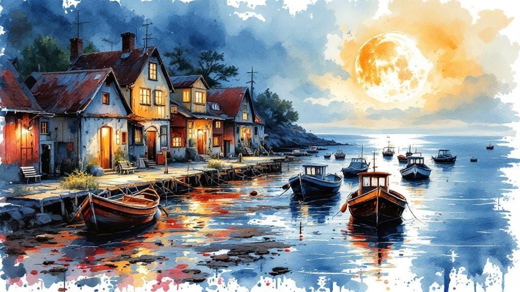 Night Fishing Village Watercolor Painting