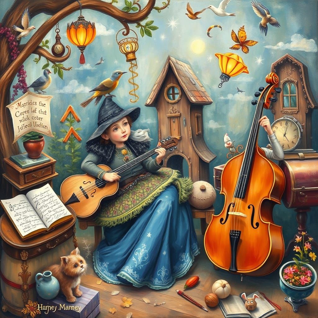 Whimsical Musicological Scene Oil Painting