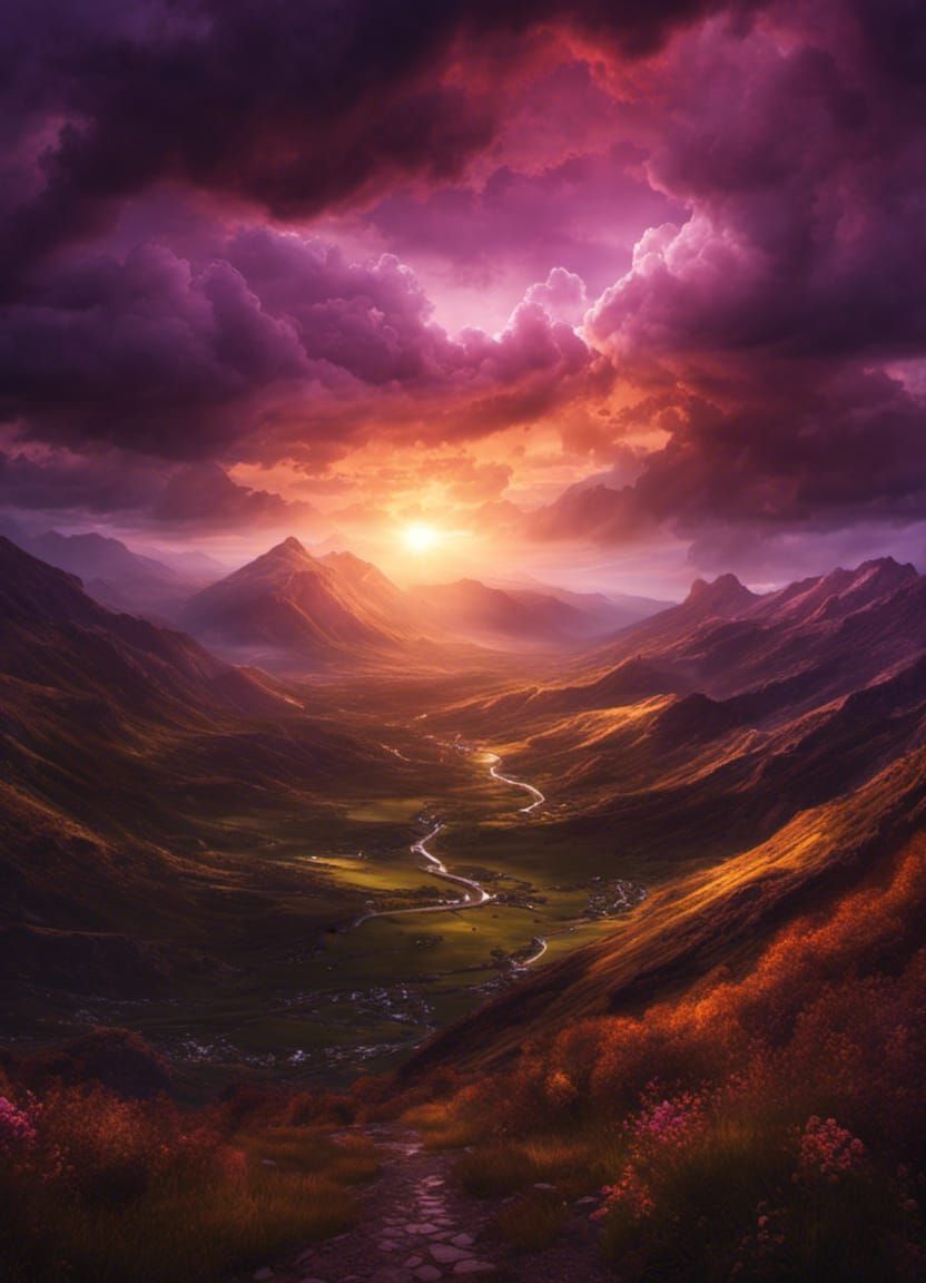 Dramatic Sunset Valley in Dark Fantasy Style