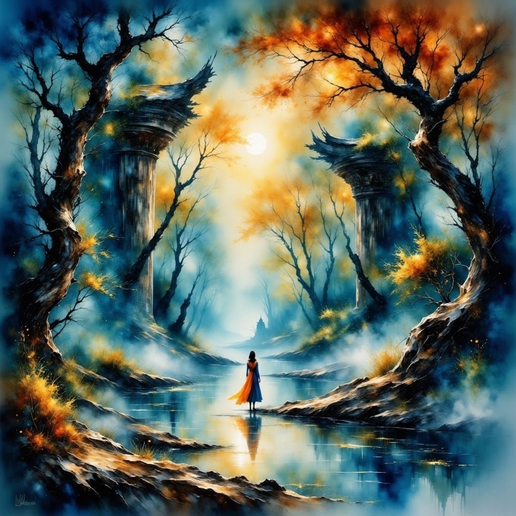 A lone figure stands at the edge of a mystical forest, surro...