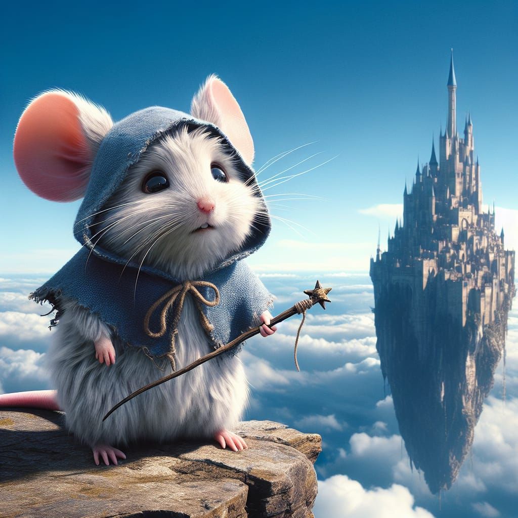 Tiny Wizard Mouse Delights in Azure Sky Castle Adventure