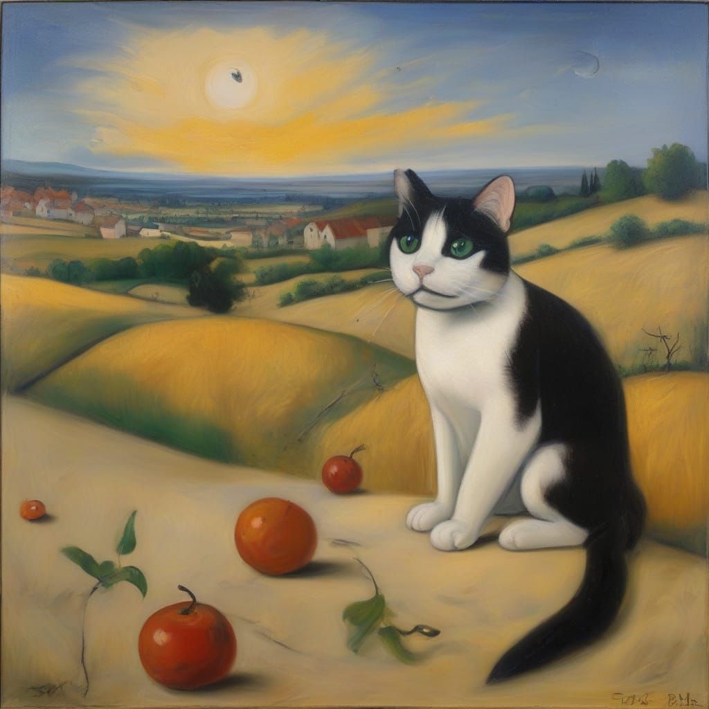 Small Cat Explores Vast Surreal Landscape in Golden Hour