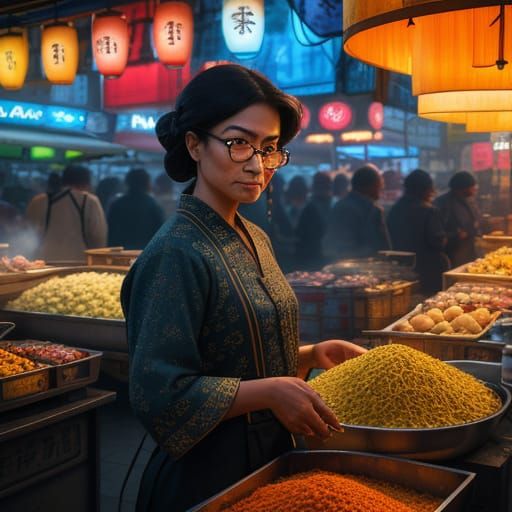 Vibrant Night Market Scene in Hyperrealistic Concept Art