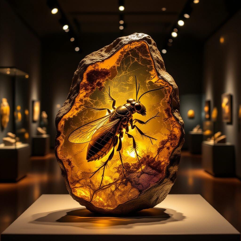 Fossilized Insect in Amber: Museum Display