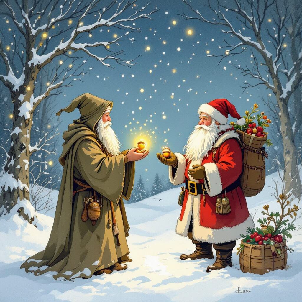 Druids Deliver Enchanted Acorns to Santa at the North Pole