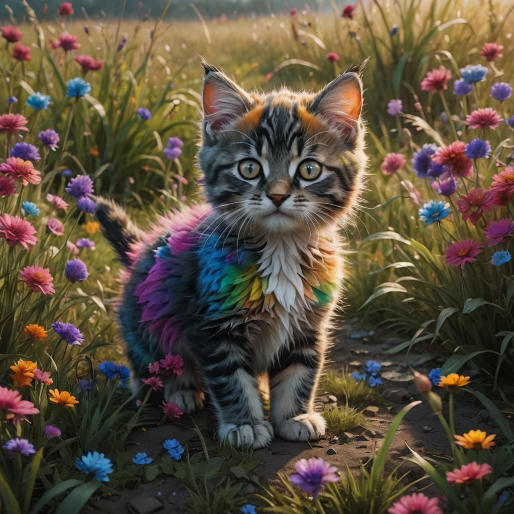 Rainbow Kitten in Field: Fantasy Concept Art
