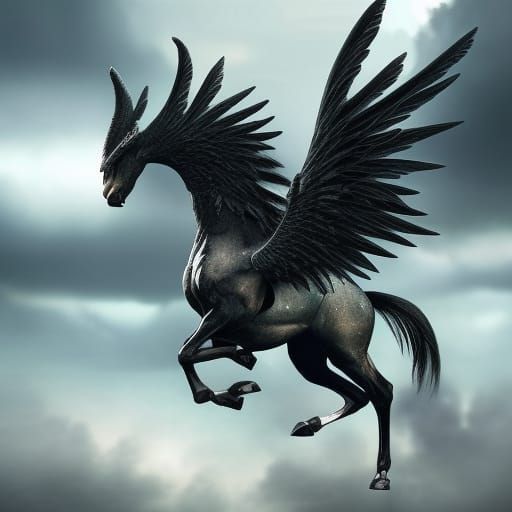 Black Pegasus Soaring in Dramatic Digital Painting