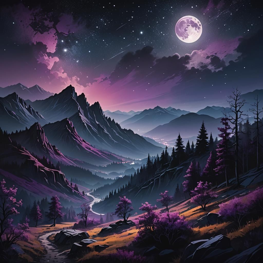 Moonlit Mountains and Trees in Moody Digital Painting