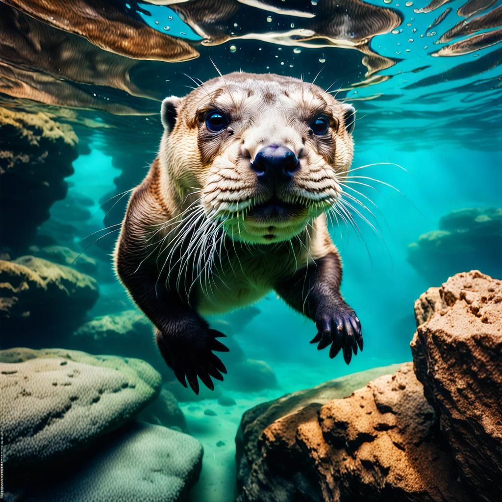 Cute Otter Eating Oyster in Cyan Water