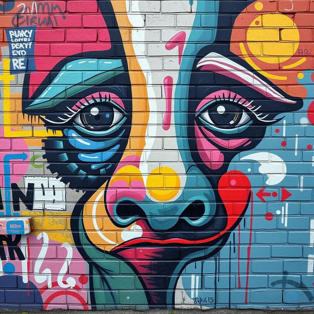 Whimsical Street Art Mural in Abstract Expressionist Style