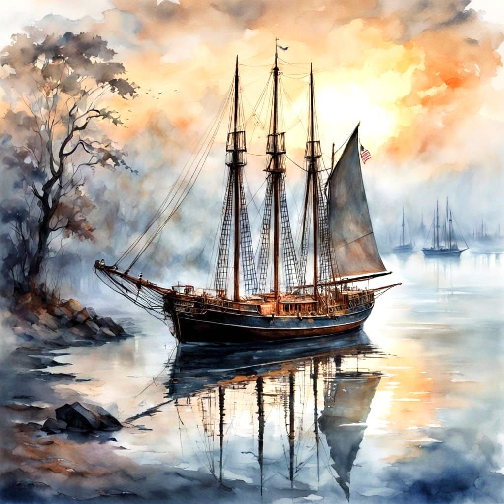 Dawn Scene of Revolutionary War Schooner in Watercolor