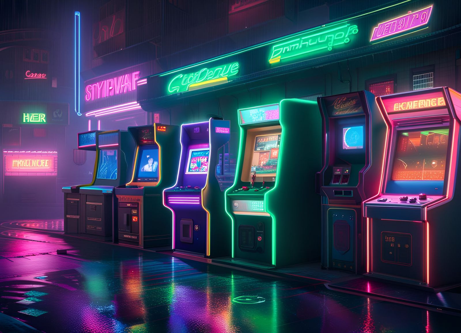 Cyberpunk Arcade at Night in Neon Style