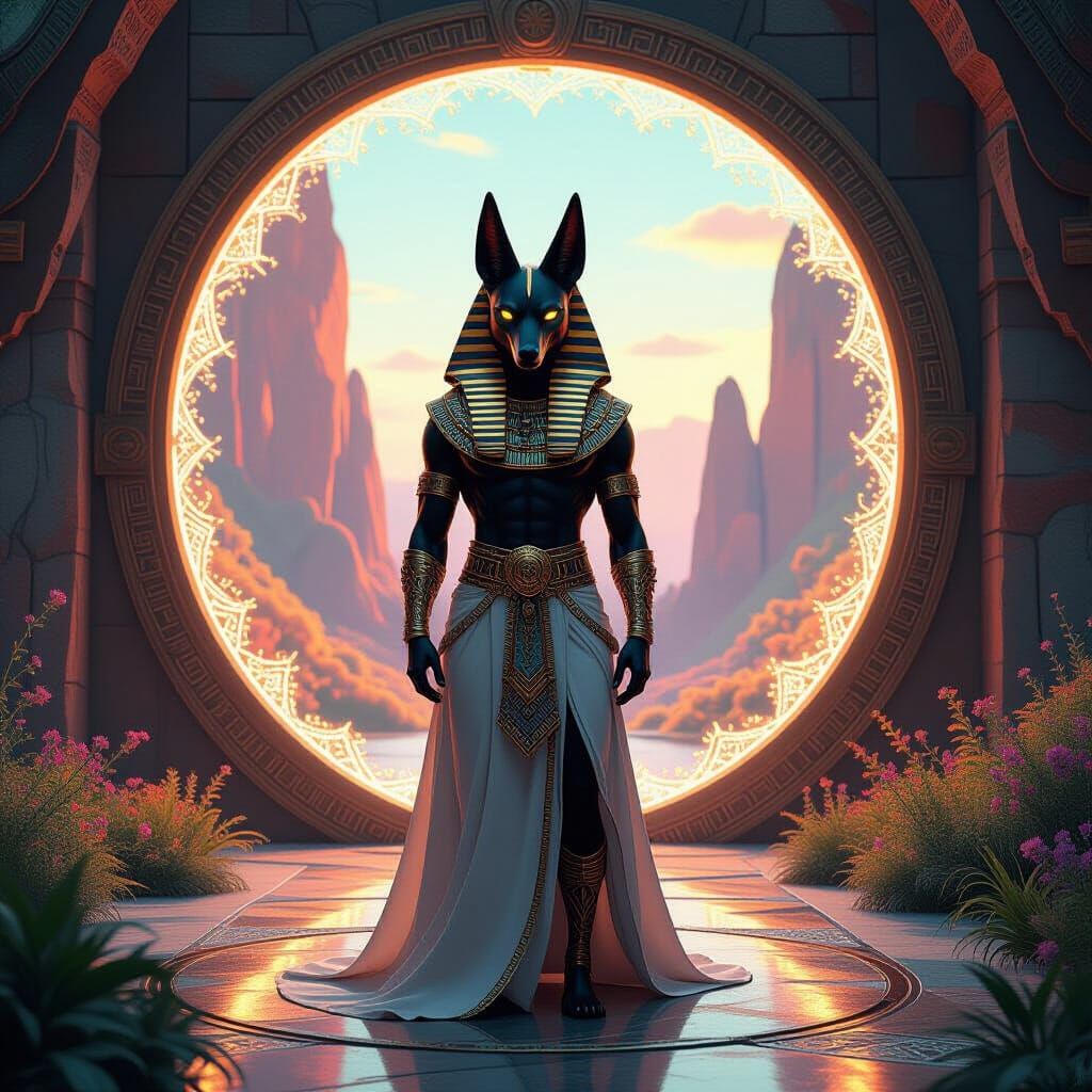 Anubis Guarding Ethereal Portal in Fantasy Art