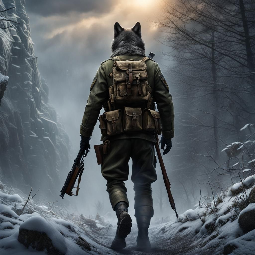 Soldier and Wolf in Poland, WWII, Realistic Cinematic