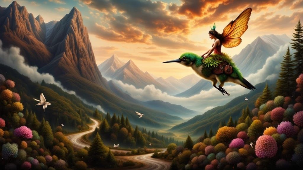 Forest Sprite Rides Magical Hummingbird in Renaissance Style